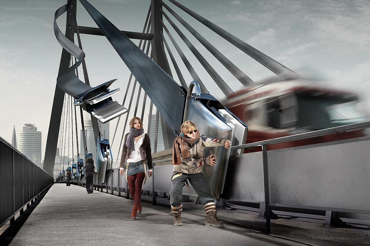 People on a futuristic bridge