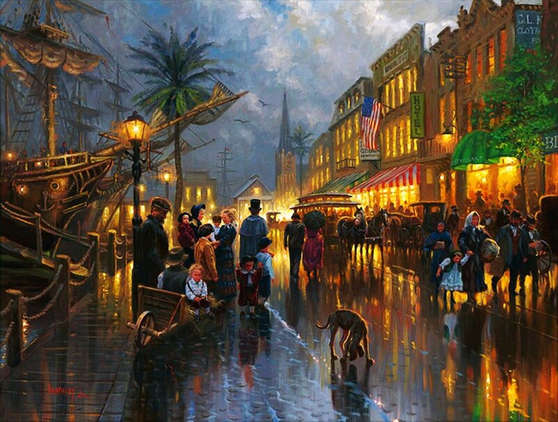 People on a Wet Street — Yellow, Dramatic, Night