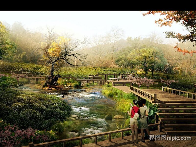 People on a wooden bridge by a stream