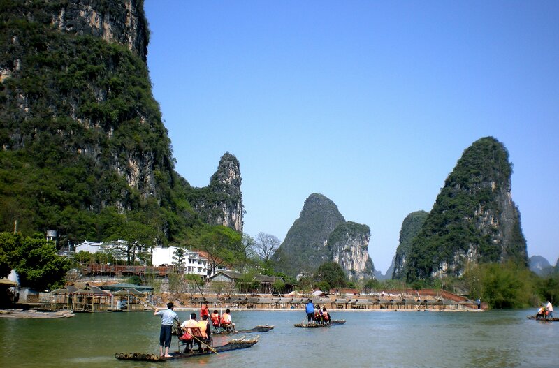 People on Bamboo Rafts — Green