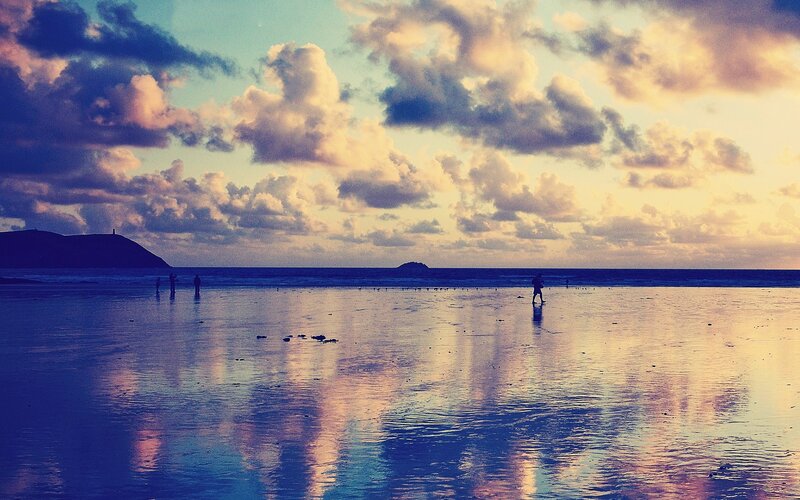 People on Beach at Sunset — Blue, Serene, Photograph, Clouds