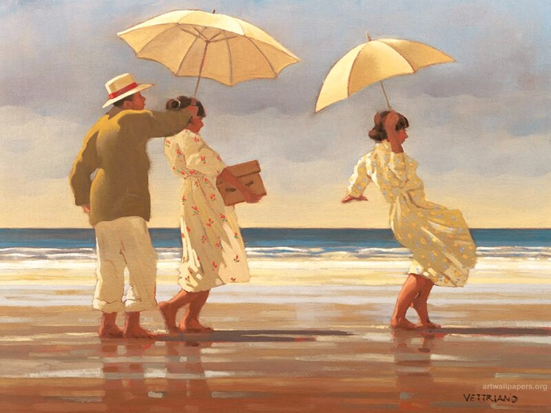 People on Beach with Umbrellas — Beige