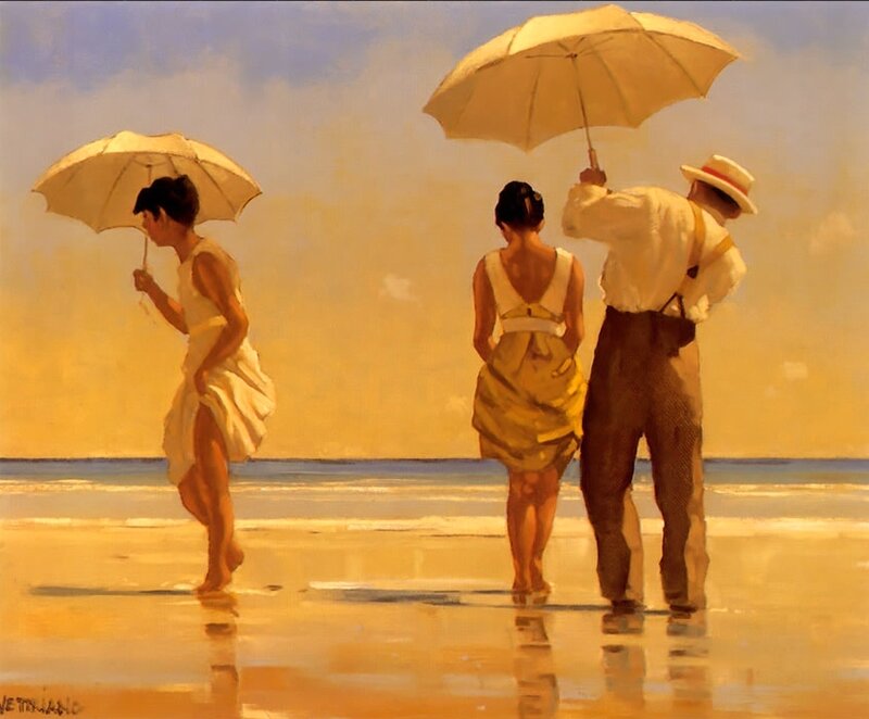 People on Beach with Umbrellas