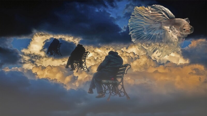 People on Benches in Clouds
