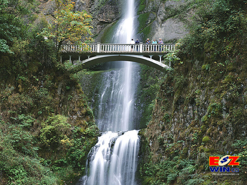 People on Bridge by Waterfall