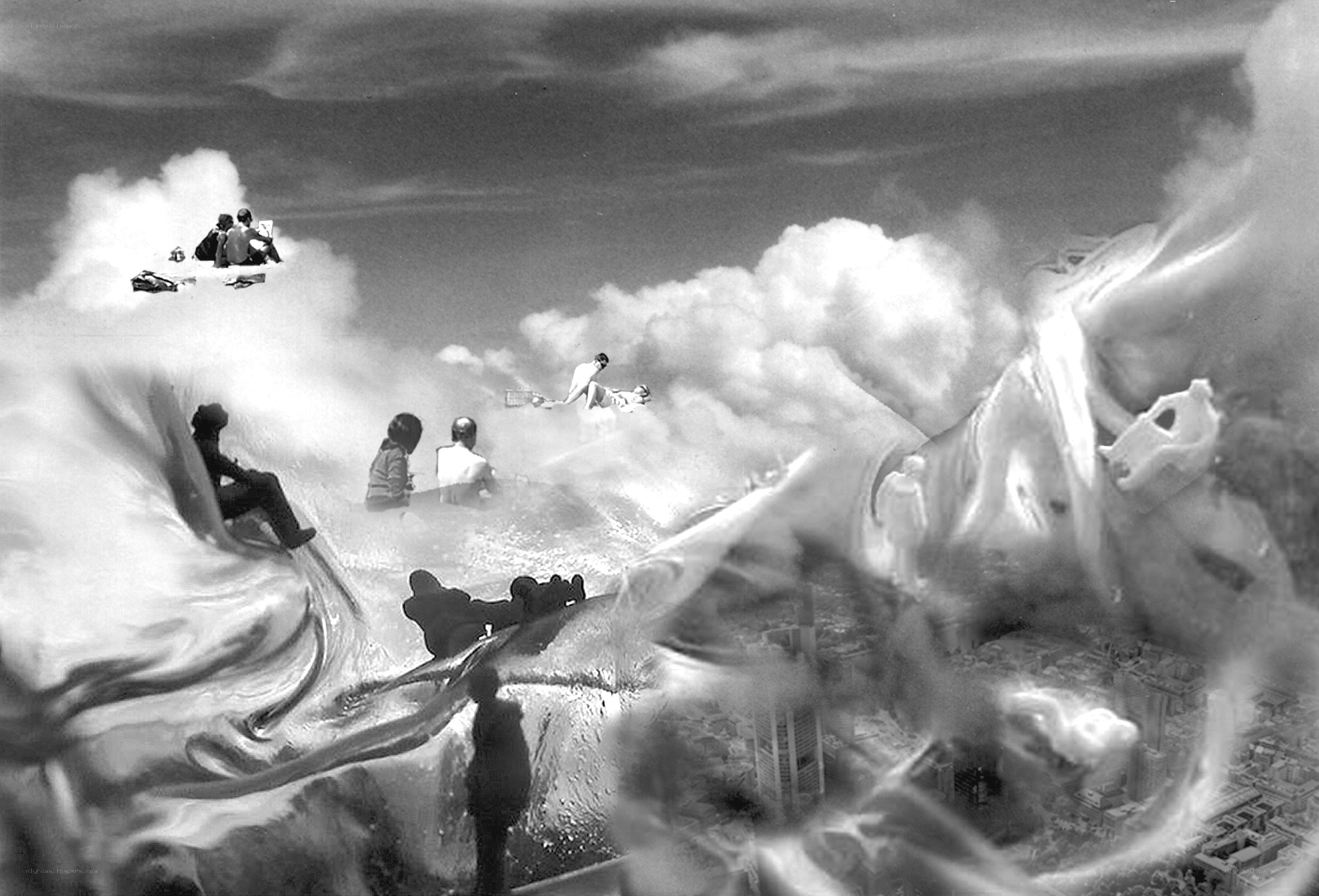 people on clouds surreal scene