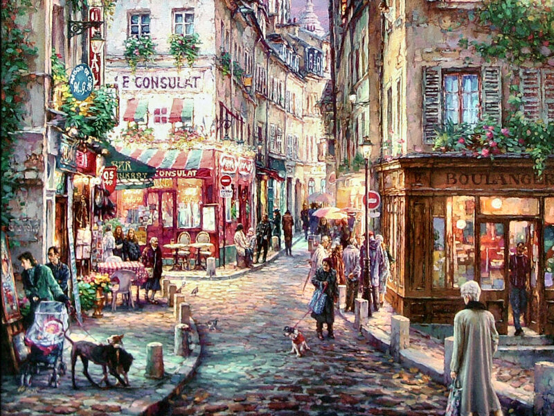 People on Cobblestone Street