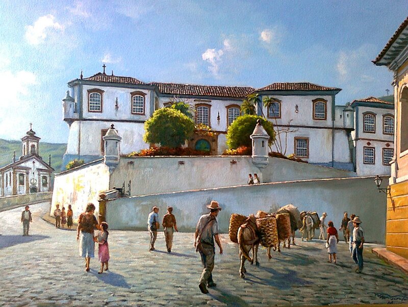 People on Cobblestone Street — White