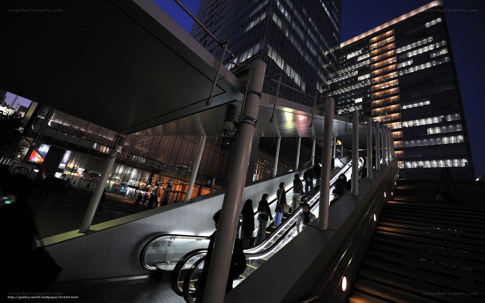 People on escalator at night