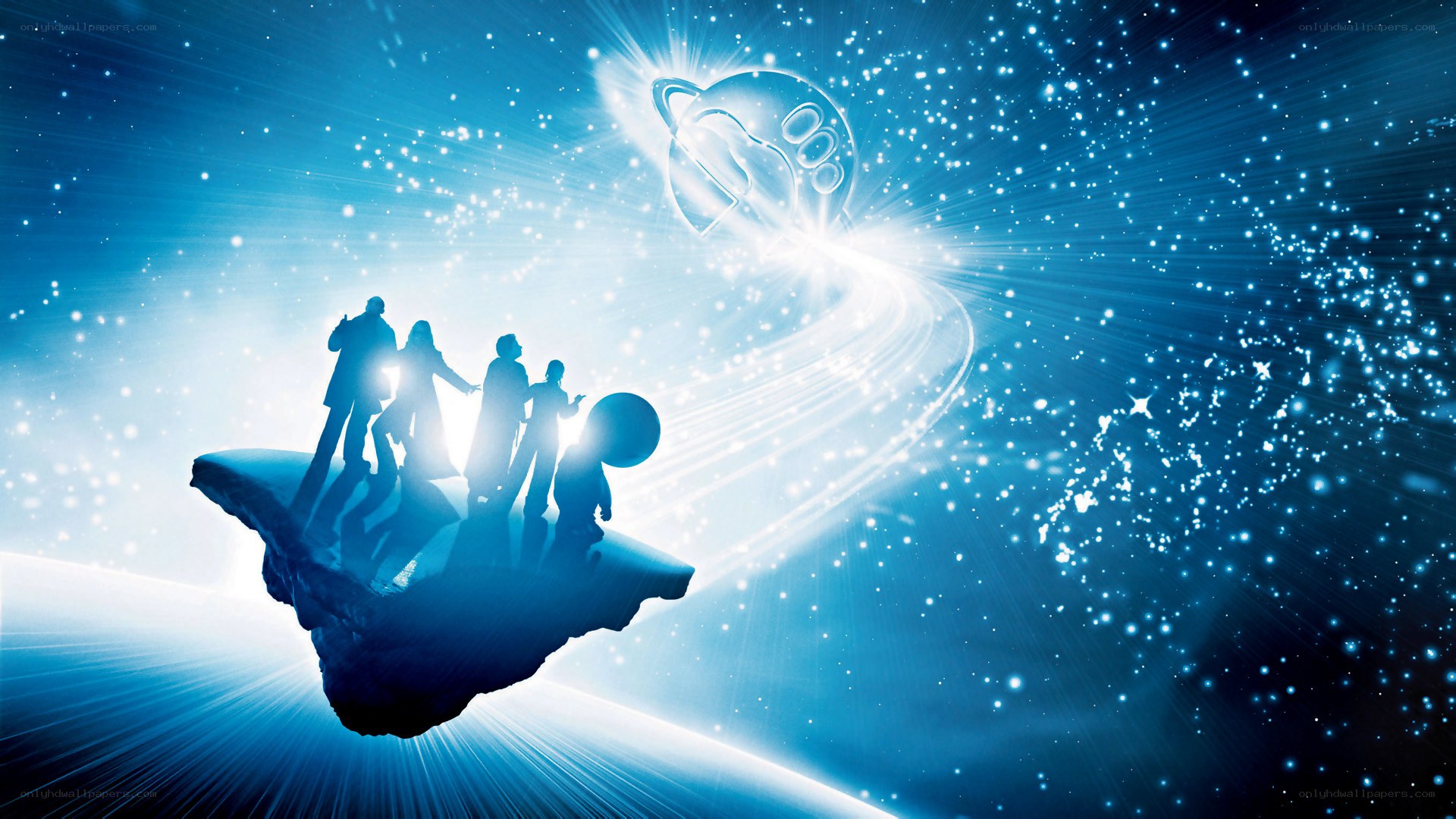 people on floating island in space