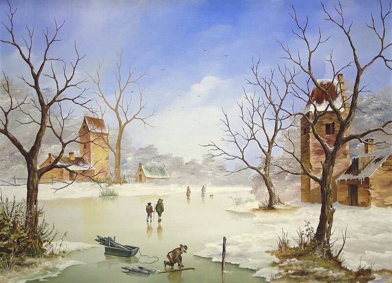 People on Frozen River — Blue, Serene