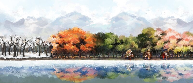 People on Park Benches — Orange