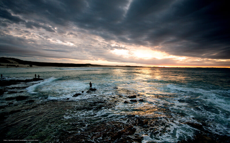 People on Rocky Shore — Gray, Dramatic, Sunset, Photograph