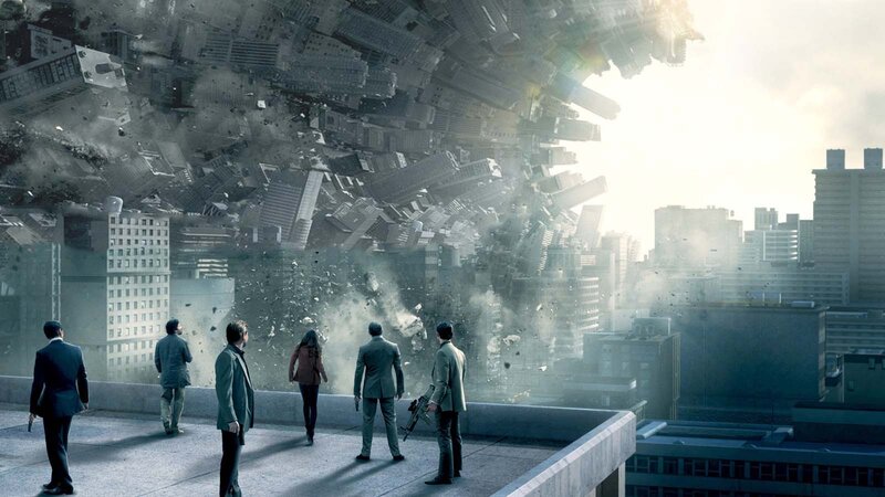 People on Rooftop Watching City Collapse — Gray, Dramatic, Afternoon