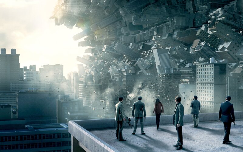 People on Rooftop Watching City Collapse — Gray, Dramatic