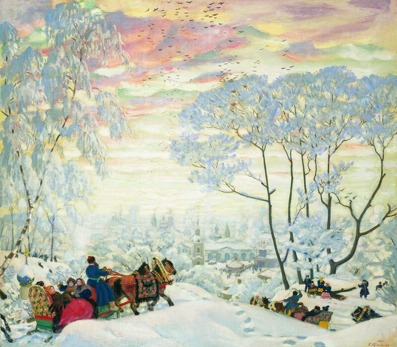 People on Sleighs in Snow
