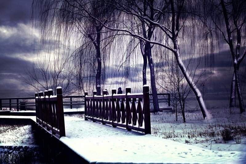 People on Snowy Bridge