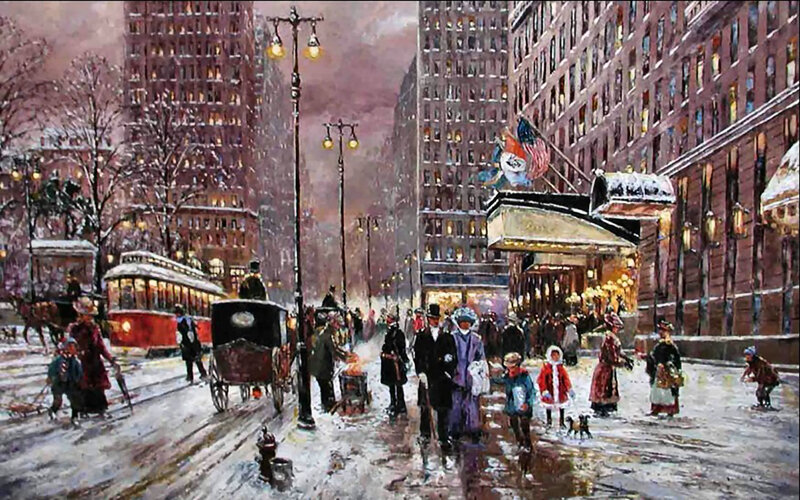 People on Snowy Street — White, Busy