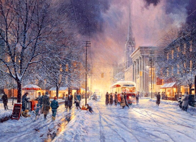 People on Snowy Street — White, Dramatic