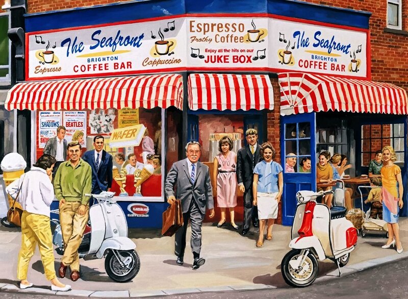 People Outside Coffee Shop — Red