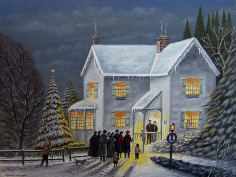 People Outside House — White, Festive