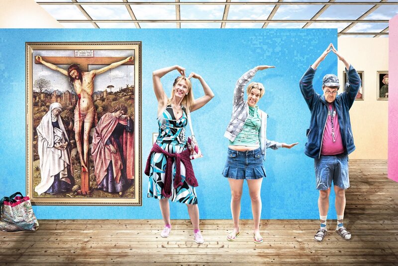People posing in art gallery