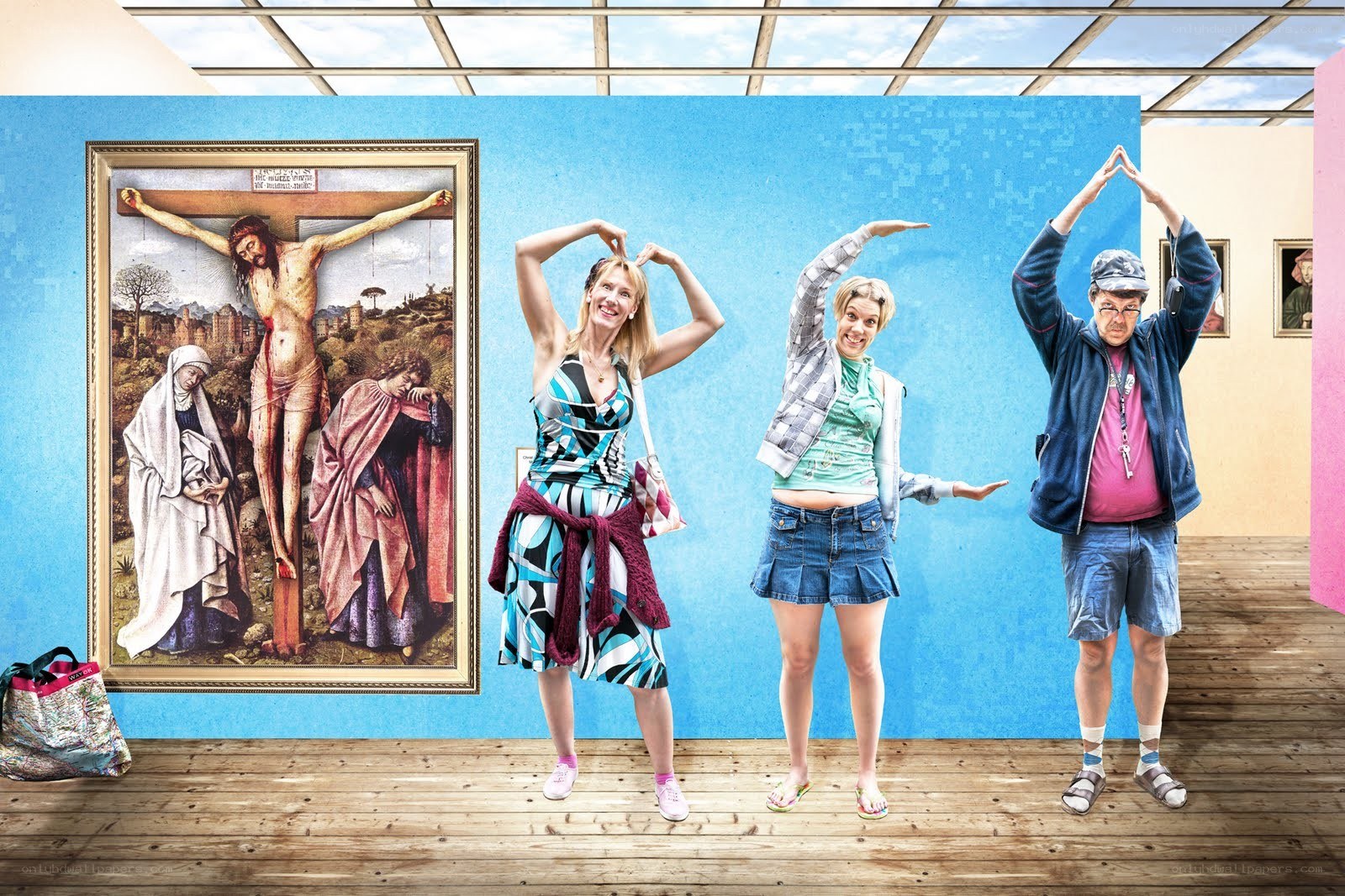 People posing in art gallery