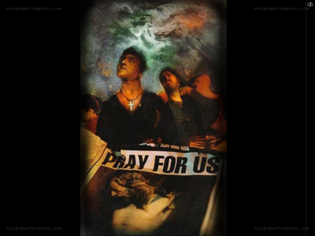 People praying with banner