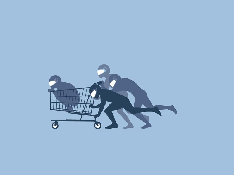 People Pushing Shopping Cart — Blue, Dynamic, Illustration