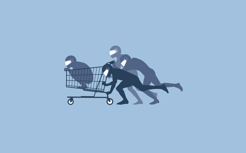 People Pushing Shopping Cart — Blue, Dynamic, Vector Art
