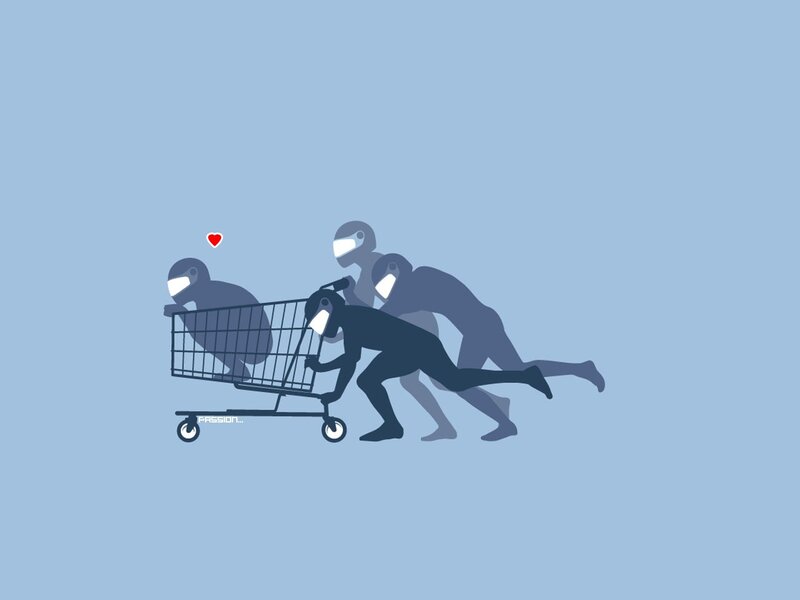 People Pushing Shopping Cart — Blue, Playful