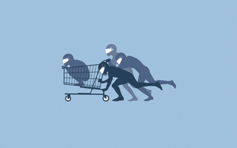 People Pushing Shopping Cart — Blue