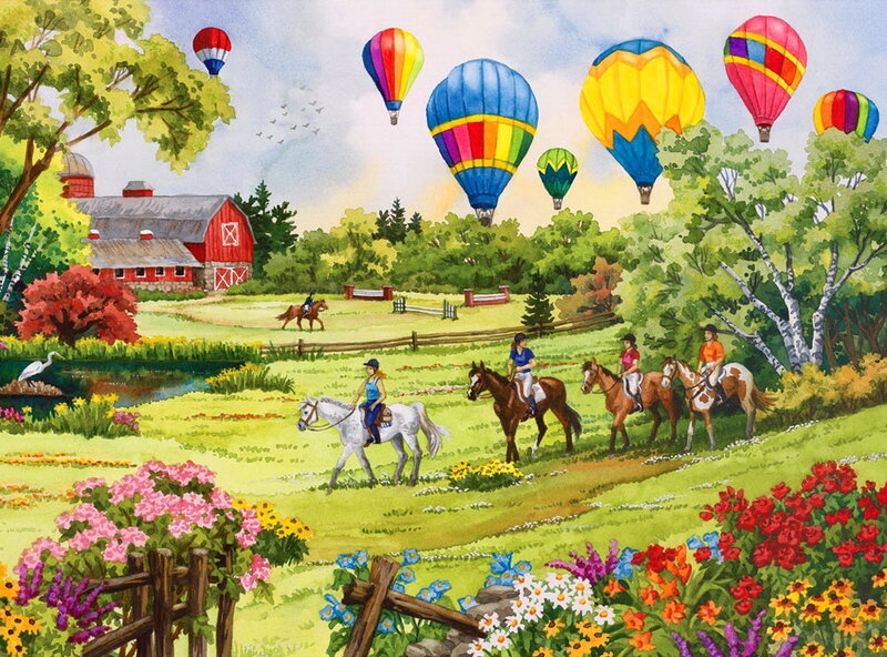 People Riding Horses — Green, Serene, Afternoon, Illustration