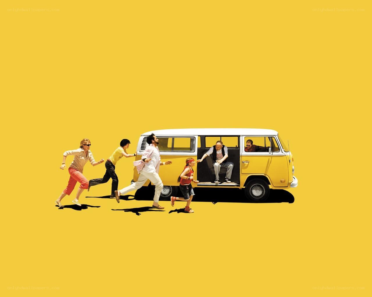 People running to a yellow van