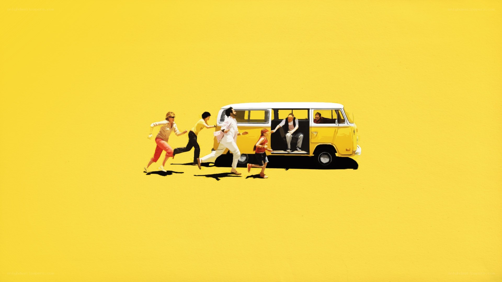 people running to van