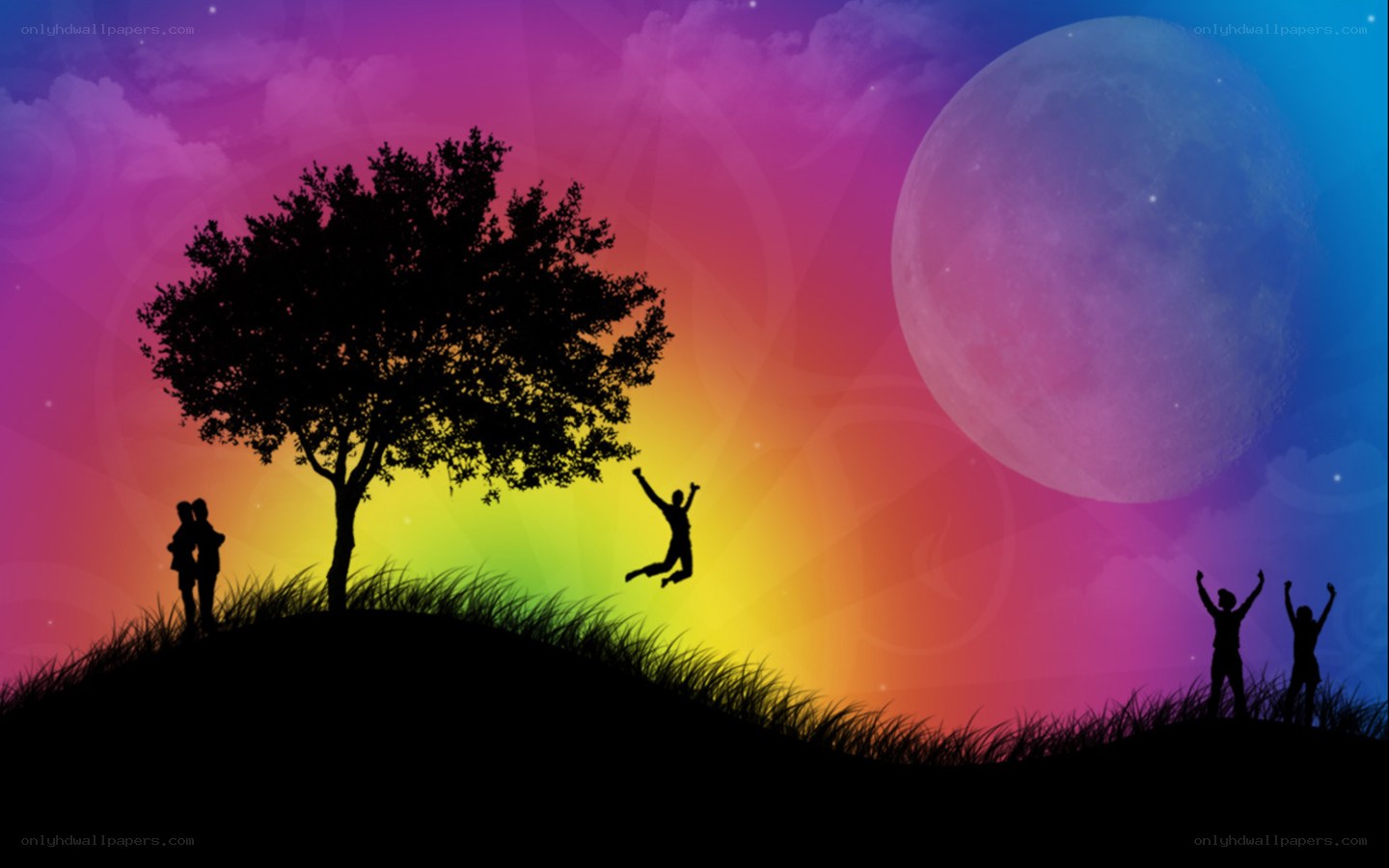 People silhouetted against rainbow sky