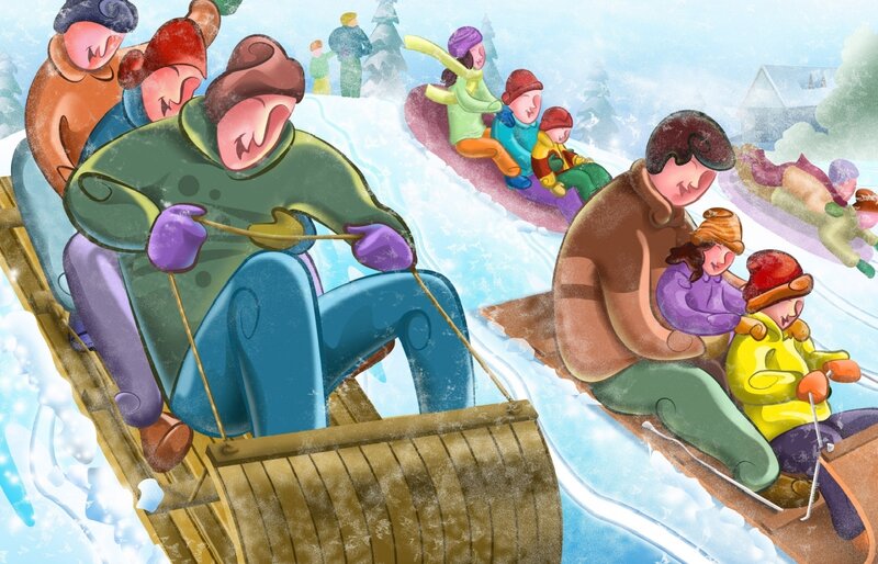 People Sledding in Snow — Blue