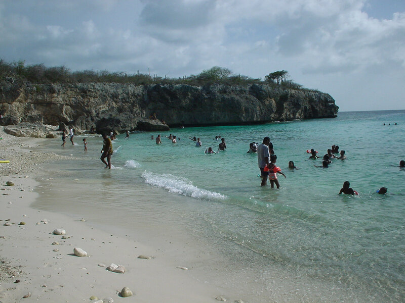 People swimming at a rocky beach