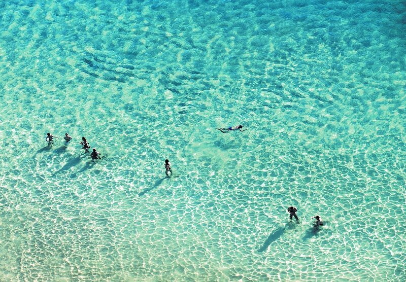 People Swimming in Ocean — Blue, Serene, Afternoon, Photograph, Swimmers, Sunlight
