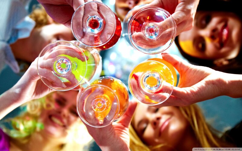 People Toasting with Drinks — Red, Celebratory, Afternoon