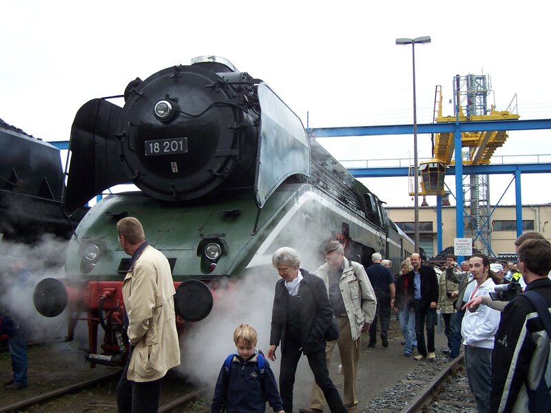 People viewing a steam locomotive