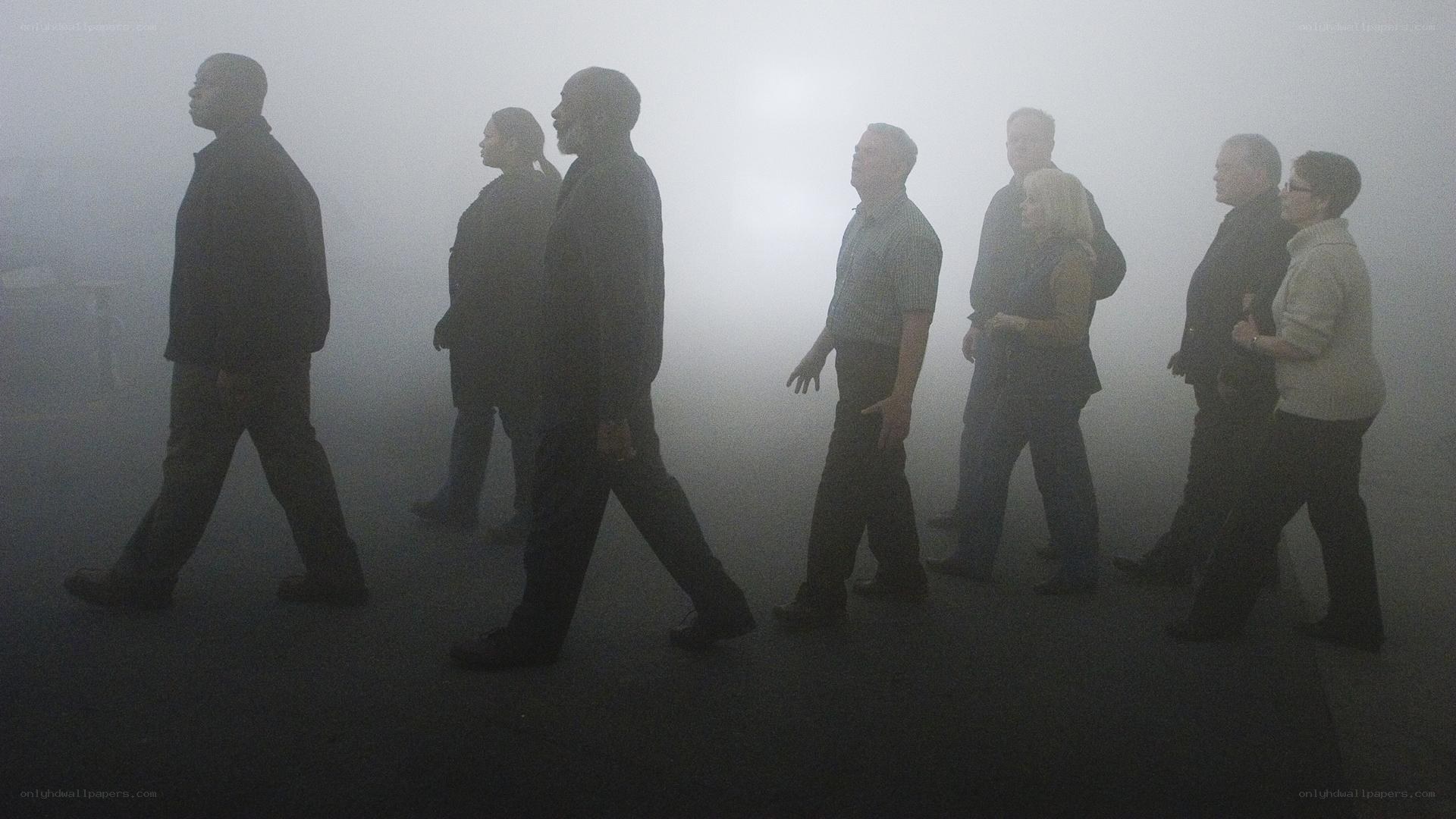 People walking in fog