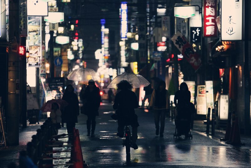 People Walking in Rain — Black, Dramatic, Night, Photograph