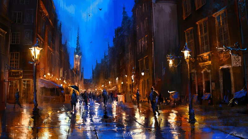 People Walking in Rain — Blue, Dramatic, Night, Digital Art, Street Lamps