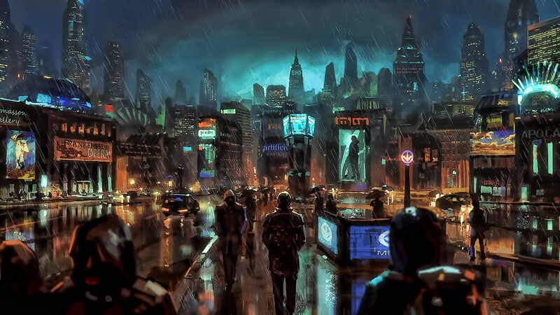 People Walking in Rain — Blue, Dramatic, Night, Digital Art