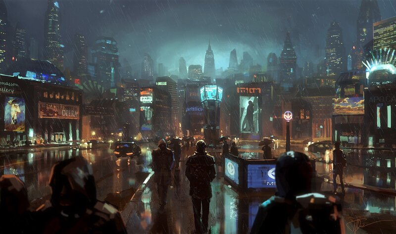 People Walking in Rain — Blue, Dramatic