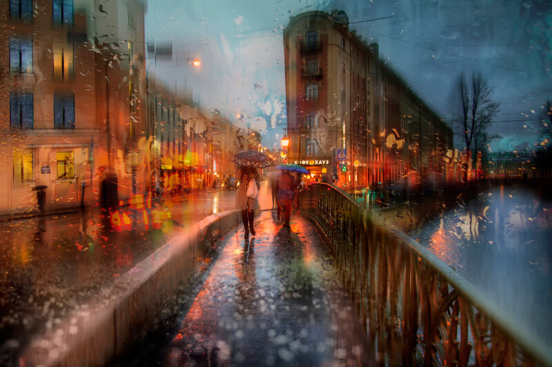 People Walking in Rain — Blue