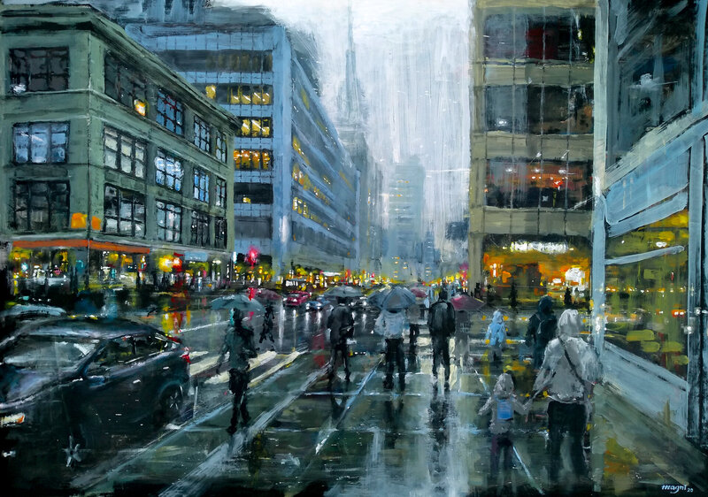 People Walking in Rain — Gray, Dramatic