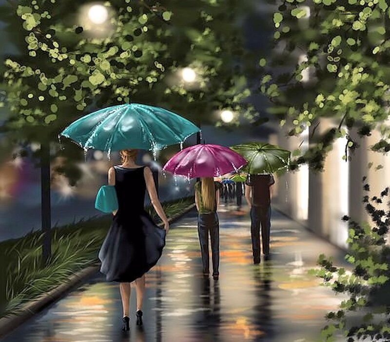 People Walking in Rain — Green, Calm