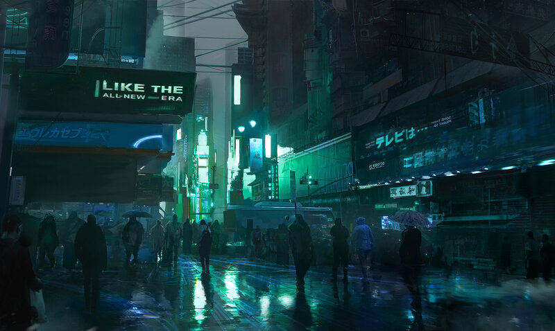 People Walking in Rain — Green, Dramatic